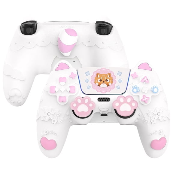 PlayVital Panda PS5 Controller Cover - Anti-Slip Silicone Skin w/ Joystick Cap & Stickers-White