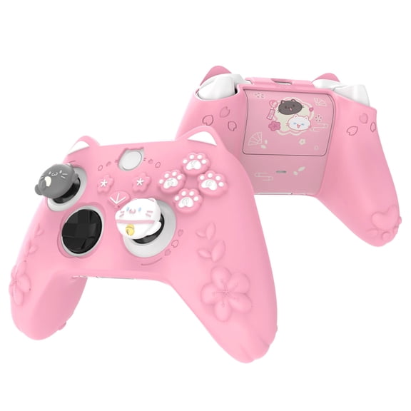PlayVital Cherry Blossoms Kitten Silicone Case for Xbox Series X/S – Anti-Slip Grip w/ Thumb Grips - Pink