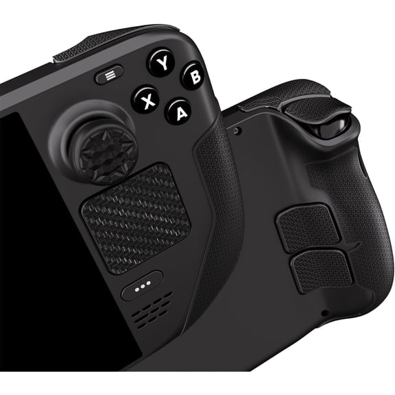 PlayVital Premium Split Handle Grips Soft Rubber Grip Pads for Steam Deck, Trackpads Skin Grip Trigger Back Button Grip Stickers Set with Thumb Grip Caps - Hexagonal Diamond Textured Black