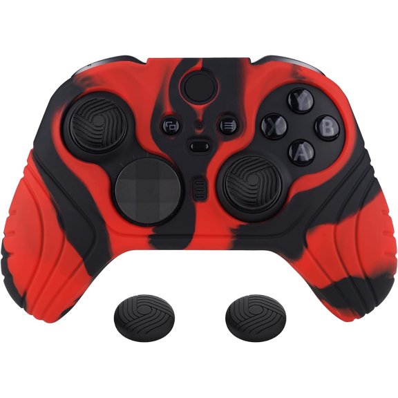 PlayVital Samurai Edition Anti Slip Silicone Case Cover for Xbox Elite Wireless Controller Series 2, Ergonomic Soft Rubber Skin Protector for Xbox Elite Series 2 with Thumb Grip Caps - Red & Black