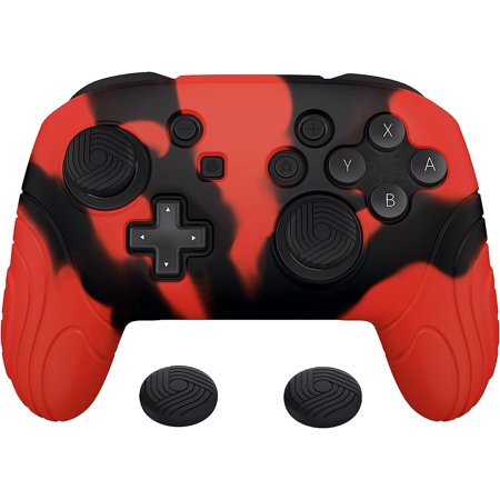 PlayVital Samurai Edition Ergonomic Silicone Skin Protective Case for Nintendo Switch Pro Controller, Soft Anti-Slip Controller Grip Protector for Nintendo Switch Pro with Thumb Grips - Red & Black