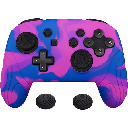 PlayVital Samurai Edition Ergonomic Silicone Skin Protective Case for Nintendo Switch Pro, Soft Anti-Slip Controller Grip Protector for Nintendo Switch Pro with Thumb Grips - Pink & Purple & Blue