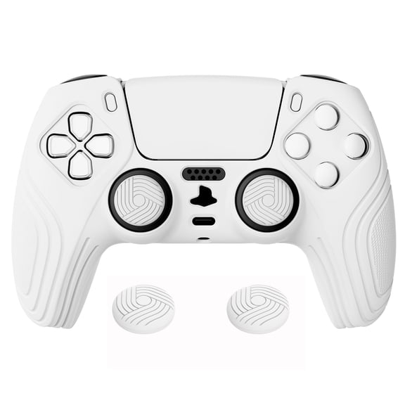 PlayVital Samurai Edition White Anti-Slip Controller Grip Silicone Skin for PS5, Ergonomic Soft Rubber Protective Case for PS5 Controller with White Thumb Stick Caps
