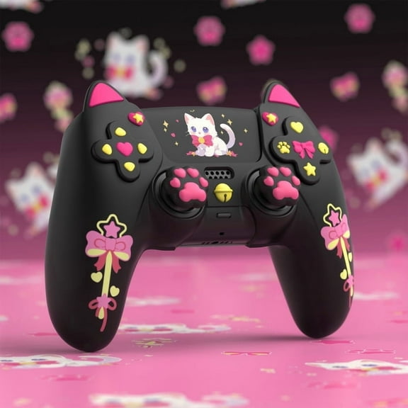PlayVital Sweetheart Kitty Silicone Cover for ps5 Controller with 6 Joystick Caps and 6 Sticker, Soft Anti-Slip Full Protection Grip Skin Compatible with ps5 Charging Dock - Black