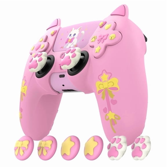 PlayVital Sweetheart Kitty Pink Silicone Cover for PS5 Controller w/ 6 Joystick Caps 6 Stickers, Soft Anti-Slip Protection Grip Skin Compatible w/ PS5 Charging Dock