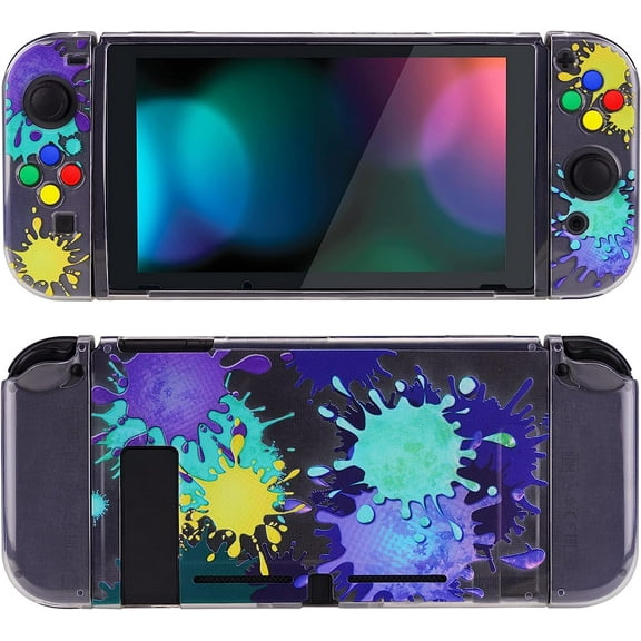 PlayVital Transparent Protective Case for Nintendo Switch, Soft TPU Slim Case Cover for Nintendo Switch Joycon Console with Colorful ABXY Direction Button Caps - Splattering Paint