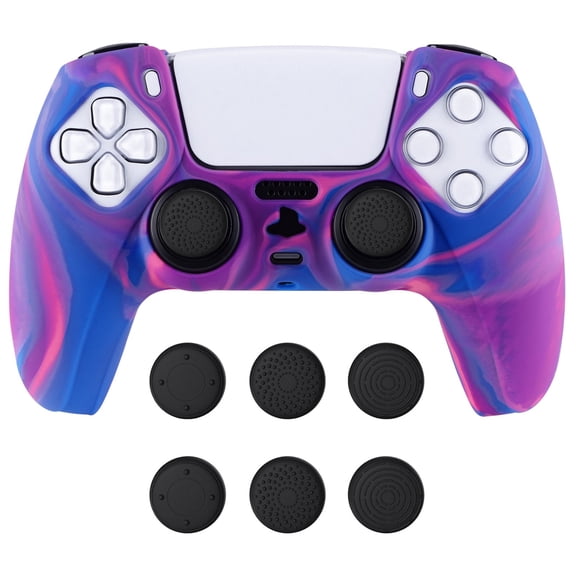 PlayVital Tri-Color Pink & Purple & Blue Camouflage Anti-Slip Silicone Cover Skin for PS5 Controller, Soft Rubber Case for PS5 Wireless Controller with Black Thumb Grip Caps
