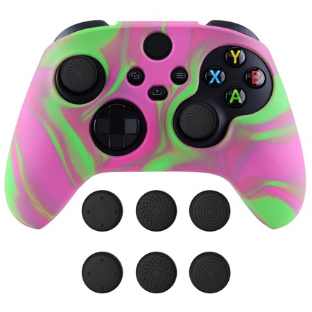 PlayVital Two Tone Pink & Green Camouflage Anti-Slip Silicone Cover Skin for Xbox Series X Controller, Soft Rubber Case Protector for Xbox Core Wireless Controller with Black Thumb Grip Caps