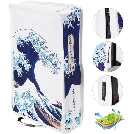 PlayVital Vertical Dust Cover for ps5 Slim Disc Edition(The New Smaller Design), Nylon Dust Proof Protector Waterproof Cover Sleeve for ps5 Slim Console - The Great Wave