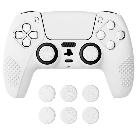 PlayVital White 3D Studded Edition Wireless Cover Skin for PS5 Controller with 6 White Thumb Grip Caps