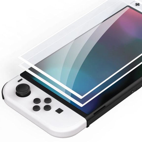 PlayVital White Border Tempered Glass Screen Protector for Nintendo Switch OLED, Anti-Scratch Bubble Free Transparent HD Clear Protector Film for Switch OLED - 2 Pack Included