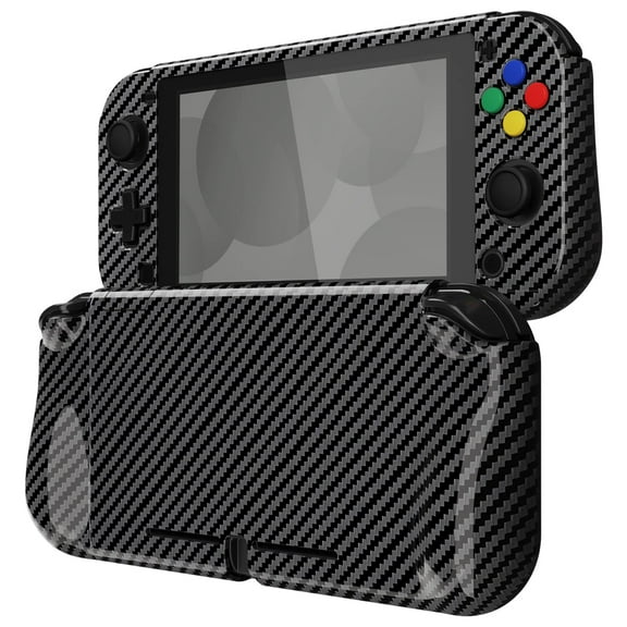 PlayVital ZealProtect Glossy Protective Case for Nintendo Switch Lite, Hard Shell Ergonomic Grip Cover for Switch Lite w/Screen Protector & Thumb Grip Caps & Button Caps - Graphite Carbon Fiber