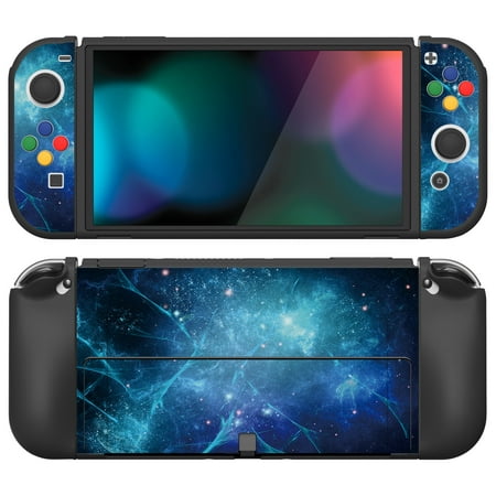 PlayVital ZealProtect Soft Protective Case for Nintendo Switch OLED, Flexible Protector Joycon Grip Cover for Nintendo Switch OLED with Thumb Grip Caps & ABXY Direction Button Caps - Blue Nebula