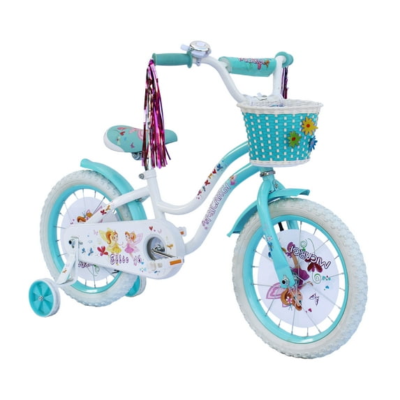 PlayWorld 16" Cruiser Steel Frame Bicycle Coaster Brake One Piece Crank, White Full cover Chain Guard, Baby Blue Basket, Fenders & Rims, White Tire Kid's Bike - White/Baby Blue