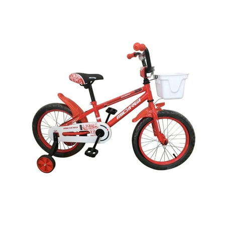 PlayWorld 16 In. BMX Steel Frame Coaster Brake Kid's Bicycle One Piece Crank with Baskets, Fenders and Rims, Red