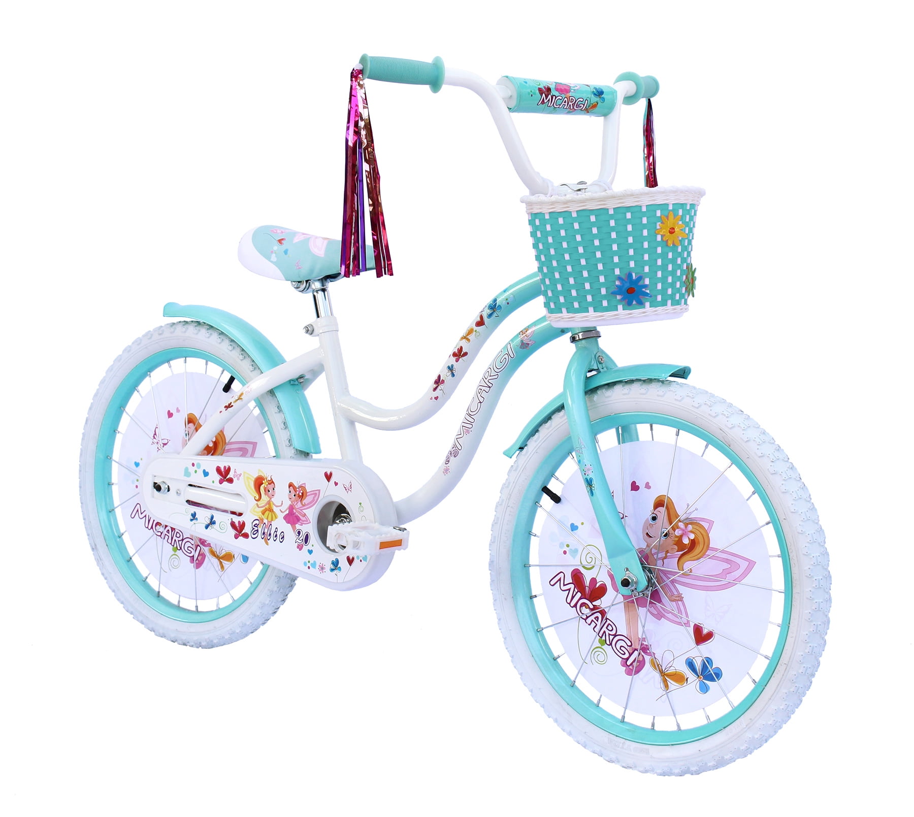 PlayWorld 20" Cruiser Steel Frame Bicycle Coaster Brake One Piece Crank, White Full cover Chain Guard, Baby Blue Basket, Fenders & Rims, White Tire Kid's Bike - White/Baby Blue
