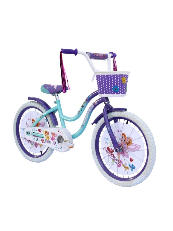 20 In. Cruiser Steel Frame Bicycle Coaster Brake One Piece Crank, White Full cover Chain Guard, Purple Baskets, Fenders & Rims, White Tire Kid's Bike - Purple/Baby Blue