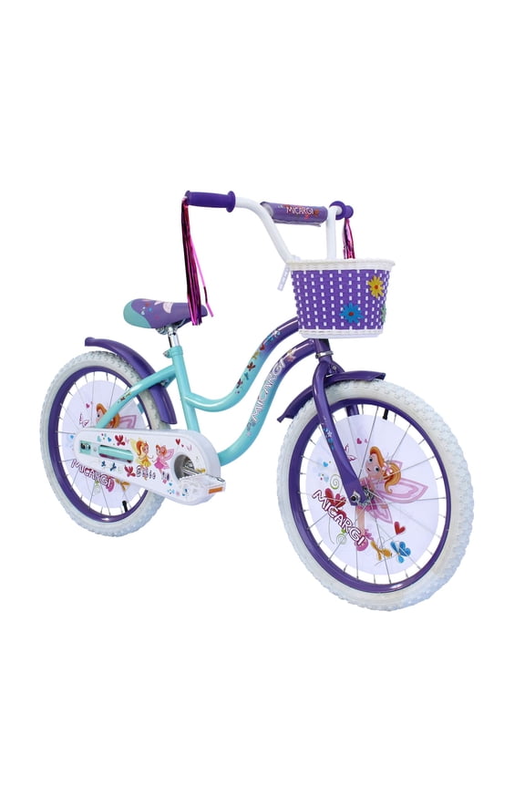 20 In. Cruiser Steel Frame Bicycle Coaster Brake One Piece Crank, White Full cover Chain Guard, Purple Baskets, Fenders & Rims, White Tire Kid's Bike - Purple/Baby Blue