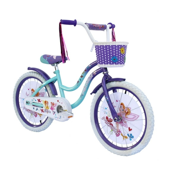 PlayWorld 20 In. Cruiser Steel Frame Bicycle Coaster Brake One Piece Crank, White Full cover Chain Guard, Purple Baskets, Fenders & Rims, White Tire Kid's Bike - Purple/Baby Blue
