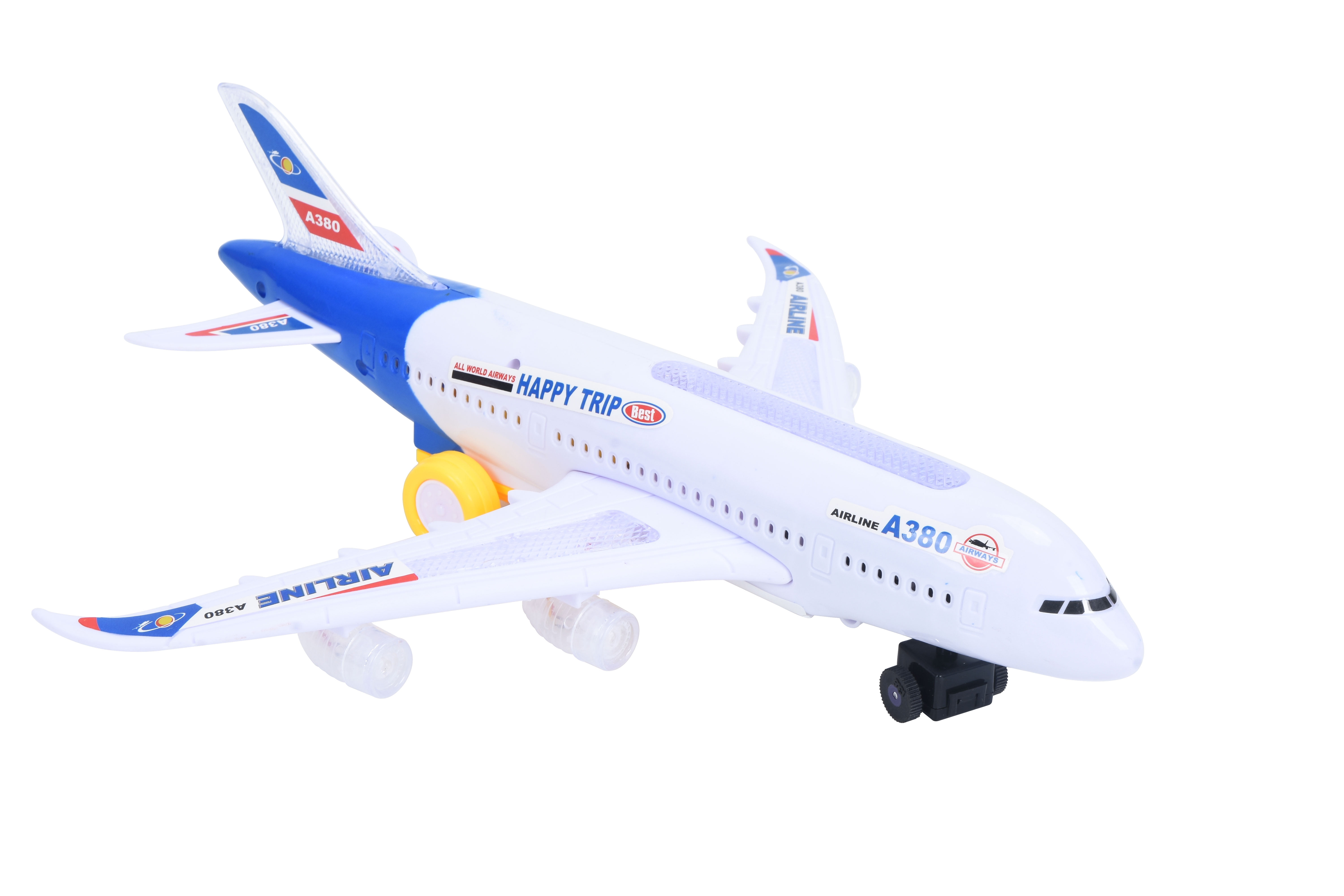 PlayWorld All Aboard! Bump and Go Electric Air Bus A380 Kids Action Airplane - Model Plane with LED Lights and Sounds - Changes Direction On Contact - Blue