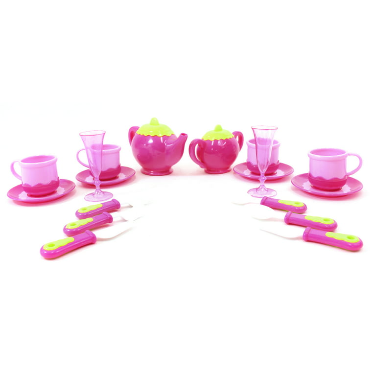 PlayWorld Kitchen Connection Deluxe Pink Tea Set For Kids With Tea Pots,  Cups, Dishes And Kitchen Utensils 18 pcs