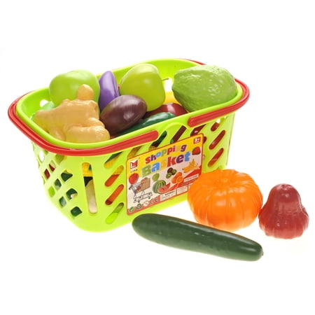 PlayWorld Kitchen Connection Fruits And Vegetables Shopping Basket Grocery Play Food Set For Kids