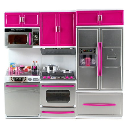 PlayWorld Kitchen Connection My Modern Kitchen Full Deluxe Kit Battery Operated Kitchen Playset: Refrigerator, Stove, Microwave - Pink & Silver