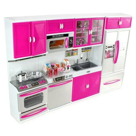 PlayWorld Kitchen Connection My Modern Kitchen Full Deluxe Kit Battery Operated Kitchen Playset : Refrigerator, Stove, Sink, Microwave - Pink