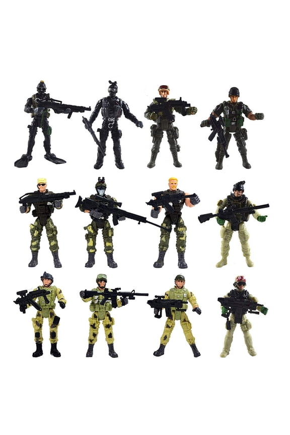 PlayWorld Mega Militia Special Forces Army SWAT Soldiers Action Figures with Weapons and Accessories 4 Inches Tall, 12 Figures/Pack - Camo