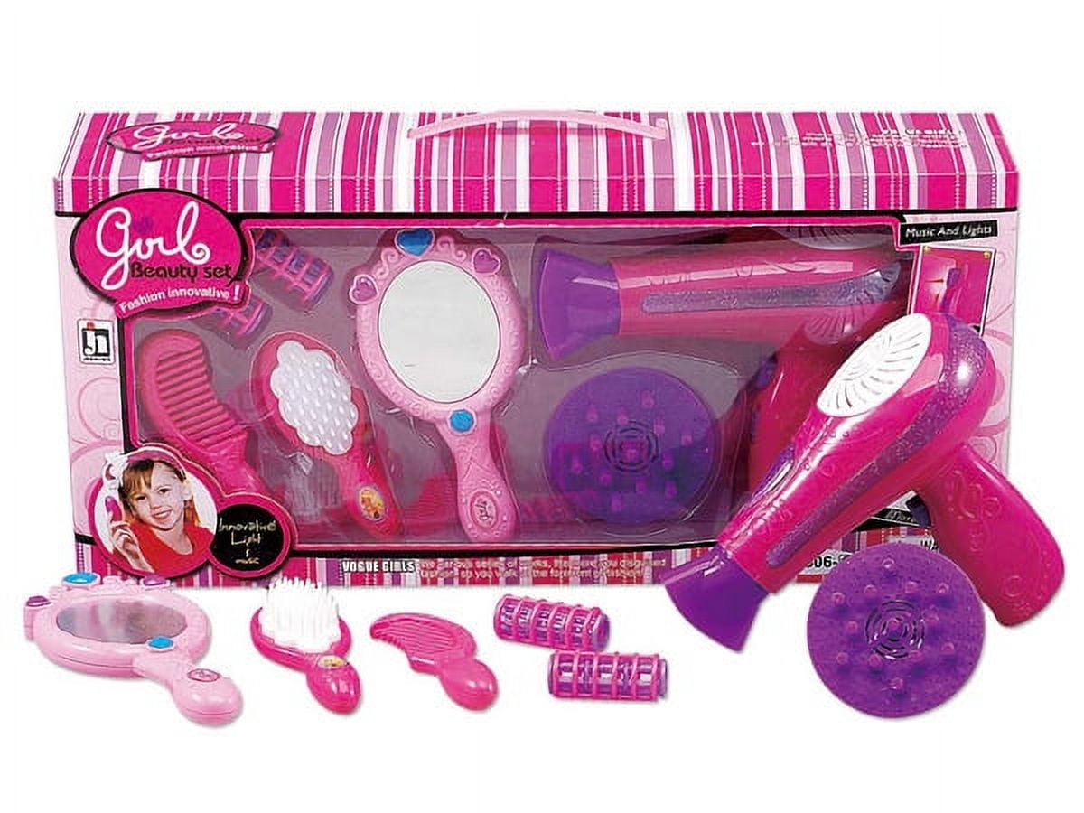 PlayWorld Pretty in Pink Beauty Salon Fashion Play Set With Hairdryer, Mirror, And Accessories - Pink