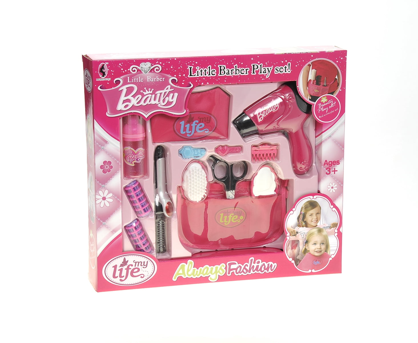 PlayWorld Pretty in Pink Beauty Salon Fashion Set With Hair Dryer, Curling Iron, Mirror, Scissors, Hair Brush, And More