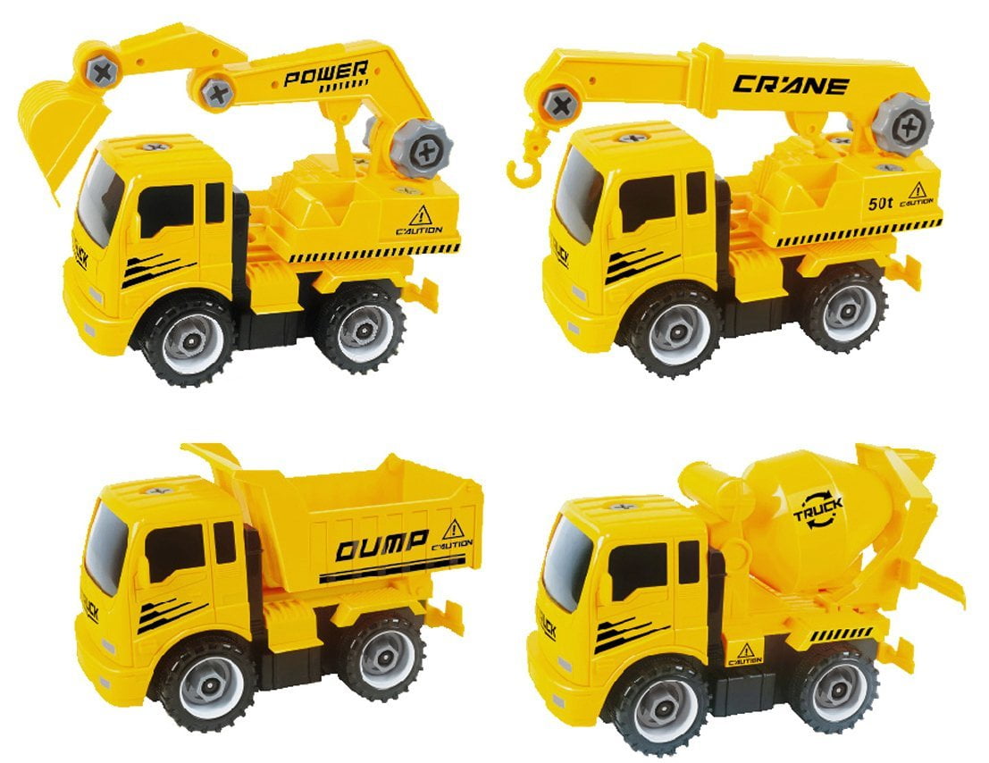 PlayWorld Ready! Set! Race! Take-A-Part Friction Powered Construction Trucks With Crane, Excavator, Mixer, Dump Truck