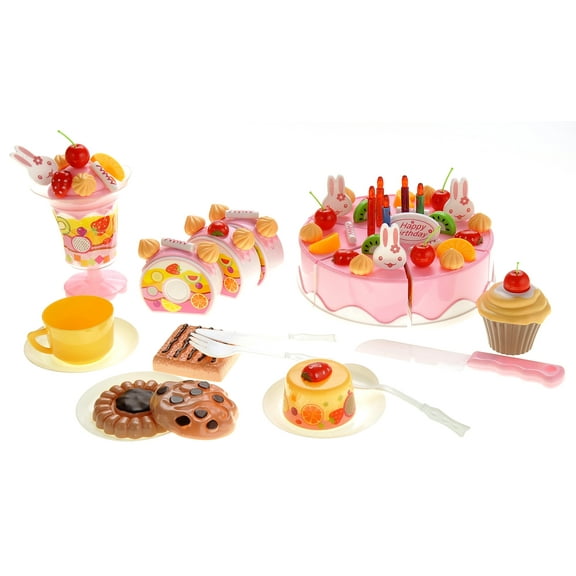 PlayWorld Sweet Treats Birthday Cake 75pcs Pretend Play Food Toy Set - Pink
