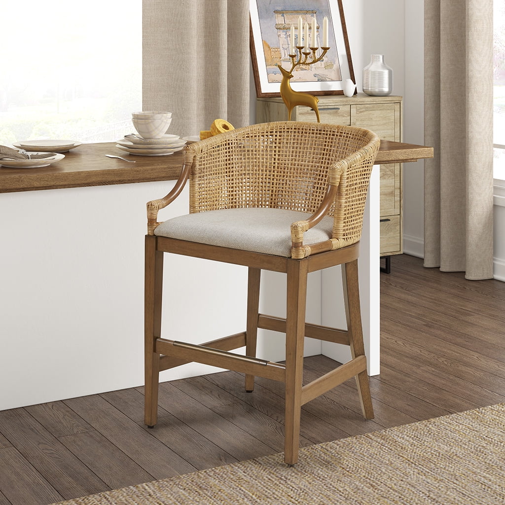 Playa 27" Natural Rattan Handcrafted Counter Stool with Linen Cushion