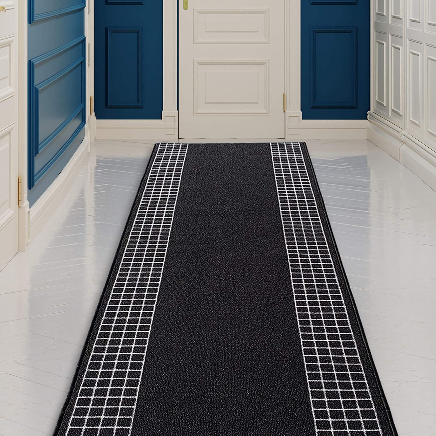 Playa Rug Checkered Border Non-slip Contemporary 26-inch Wide Runner Rug 21 Feet - Black