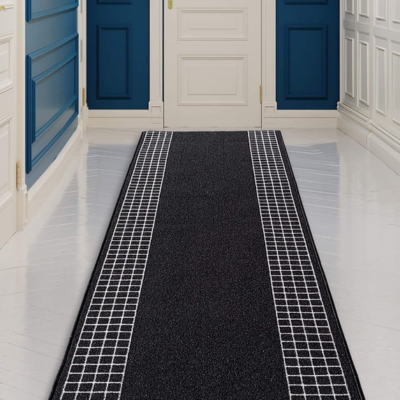 Playa Rug Checkered Border Non-slip Contemporary 26-inch Wide Runner Rug 24 Feet - Black
