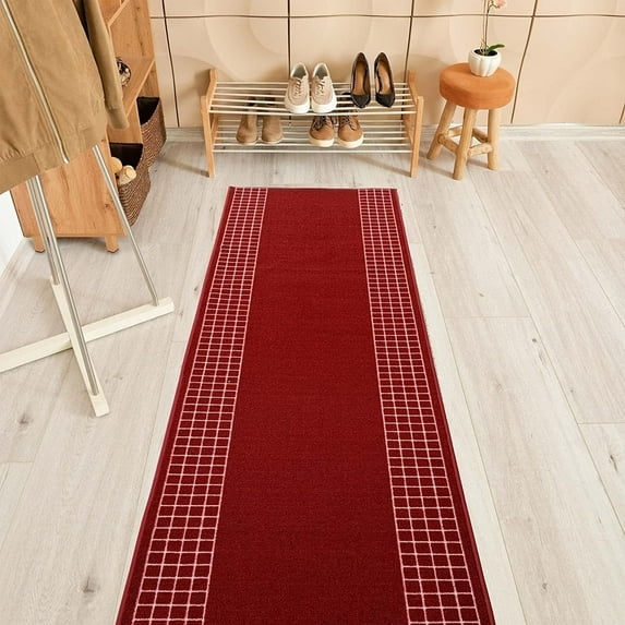 Playa Rug Checkered Border Non-slip Contemporary 26-inch Wide Runner Rug 40 Feet - Red