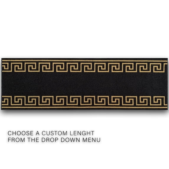 Playa Rug Custom Size Greek Key Design BlackGold,BlackSilver Color Non-Slip Rubber Backing- 31 Inch WidexYour Choice of Length Runner Rug 38 Feet -