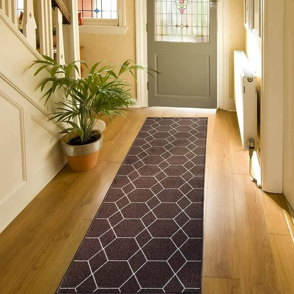 Playa Rug Custom Size Hexagon Brown 31 Inch Wide Non-Slip Stair Runner Rug 3 Feet