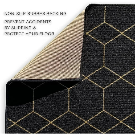 Playa Rug Custom Size Hexagon Design Black&Gold,Blue Color Non-Slip Rubber Backing-26 Inch WidexYour Choice of Length Runner Rug 13 Feet - Black Gold