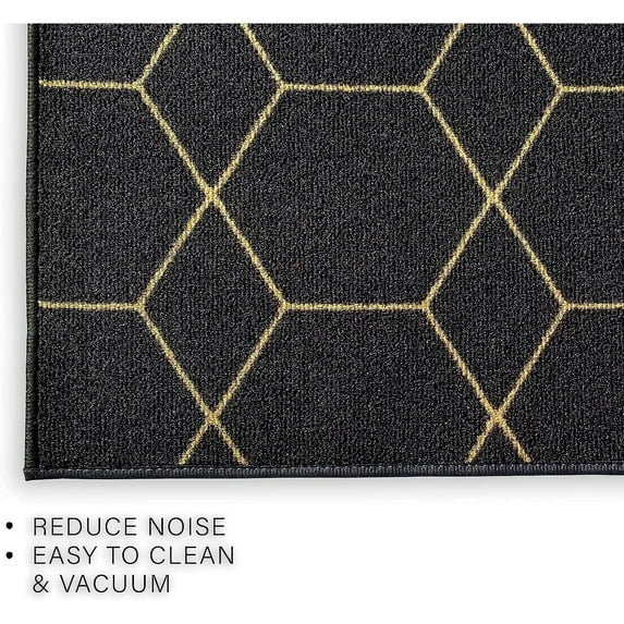 Playa Rug Custom Size Hexagon Design Black&Gold,Blue Color Non-Slip Rubber Backing-26 Inch WidexYour Choice of Length Runner Rug 20 Feet - Black Gold