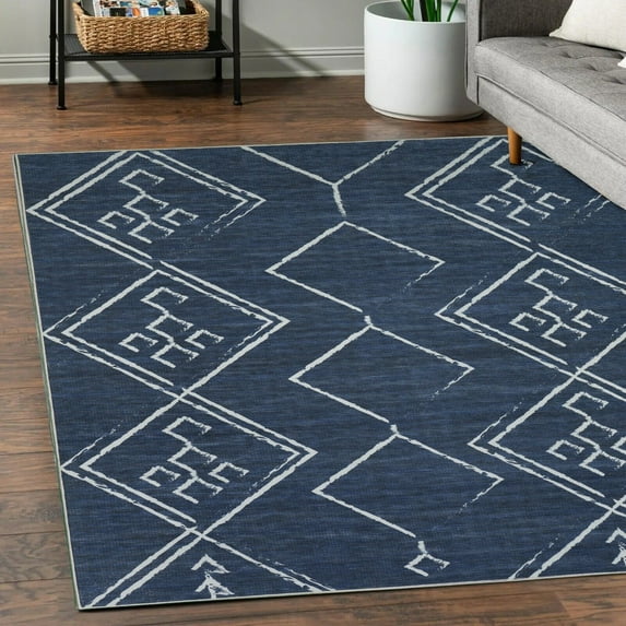 Playa Rug Machine Washable Area Rug With Non Slip Backing - Stain Resistant - Eco Friendly - Family and Pet Friendly - Aspen Tribal Moroccan Bohemian Navy&Creme Design 2'2''x6'