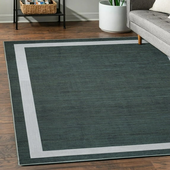 Playa Rug Machine Washable Area Rug With Non Slip Backing - Stain Resistant - Eco Friendly - Family and Pet Friendly - Everest Geometric Modern Bordered Green&Creme Design 2'2''x6'