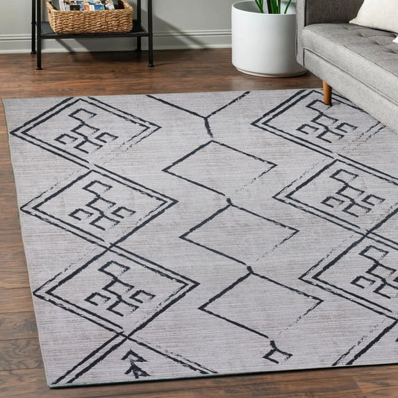 Playa Rug Machine Washable Area Rug With Non Slip Backing - Stain Resistant - Eco Friendly - Family and Pet Friendly - Aspen Tribal Moroccan Bohemian Creme&Black Design 2'8''x8'
