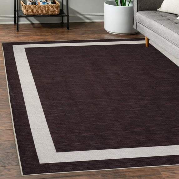 Playa Rug Machine Washable Area Rug With Non Slip Backing - Stain Resistant - Eco Friendly - Family and Pet Friendly - Everest Geometric Modern Bordered Brown&Creme Design 2'2''x6'