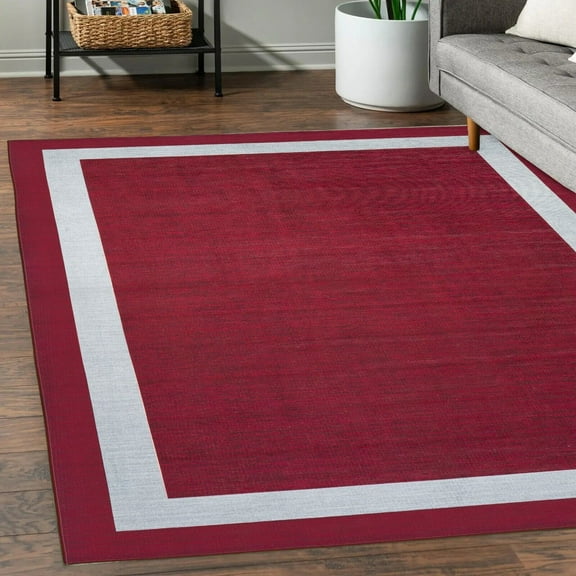 Playa Rug Machine Washable Area Rug With Non Slip Backing - Stain Resistant - Eco Friendly - Family and Pet Friendly - Everest Geometric Modern Bordered Burgundy&Creme Design 2'2''x6'