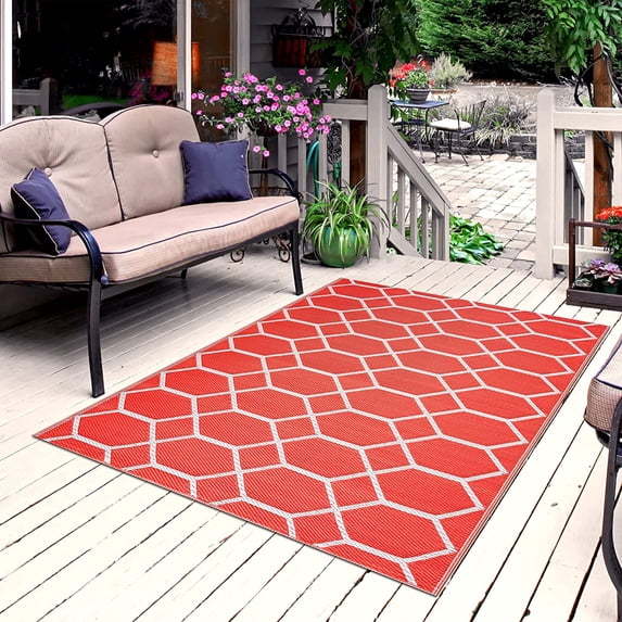 Playa Rug Reversible Indoor/Outdoor 100% Recycled Plastic Floor Mat/Rug - Weather, Water, Stain, Fade and UV Resistant - Miami- Orange & White (8'x10')