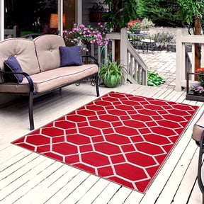 Playa Rug Reversible Indoor/Outdoor 100% Recycled Plastic Floor Mat/Rug - Weather, Water, Stain, Fade and UV Resistant - Miami- Red & White (4'x6')