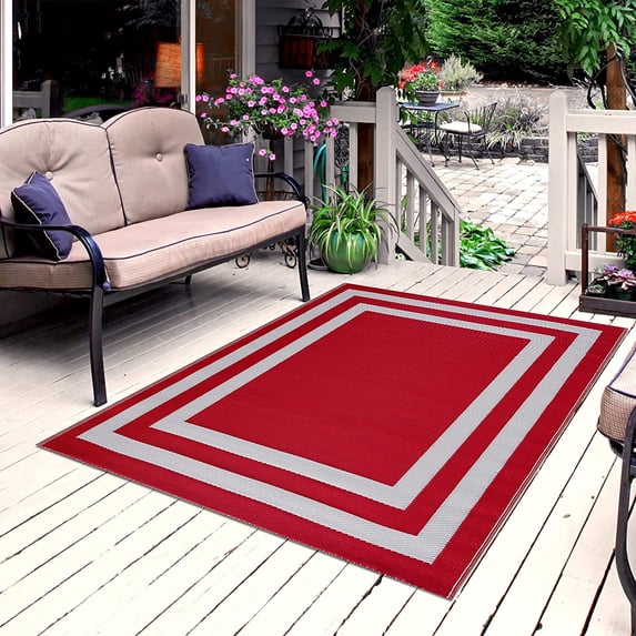 Playa Rug Reversible Indoor/Outdoor 100% Recycled Plastic Floor Mat/Rug - Weather, Water, Stain, Fade and UV Resistant - Paris- Red & White (4'x6')