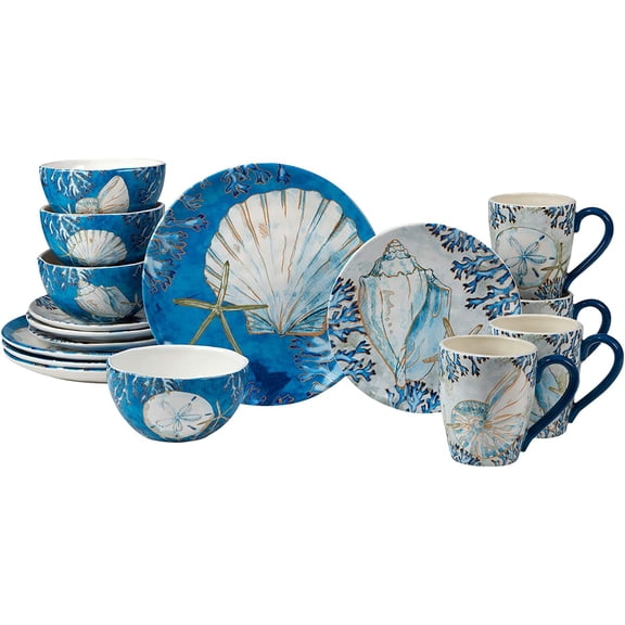 Playa Shells 16-Piece Coastal Dinnerware Set Service for 4 Ceramic Plates, Bowls & Mugs with Beach Shell Art Great for Everyday Dining, Entertaining, Beach House, or Nautical Dcor